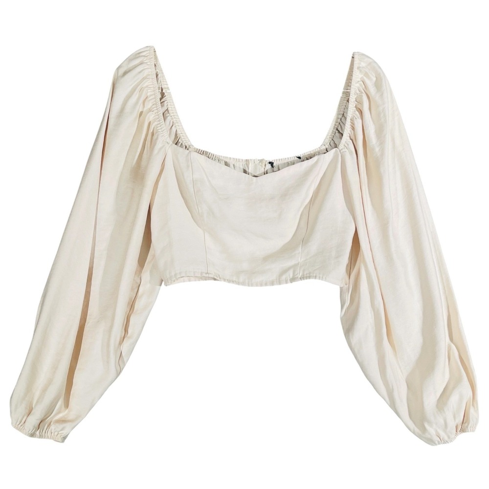 Women Ivory Corset Crop Top Puff Balloon Sleeve Sweetheart Milkmaid Cottagecore